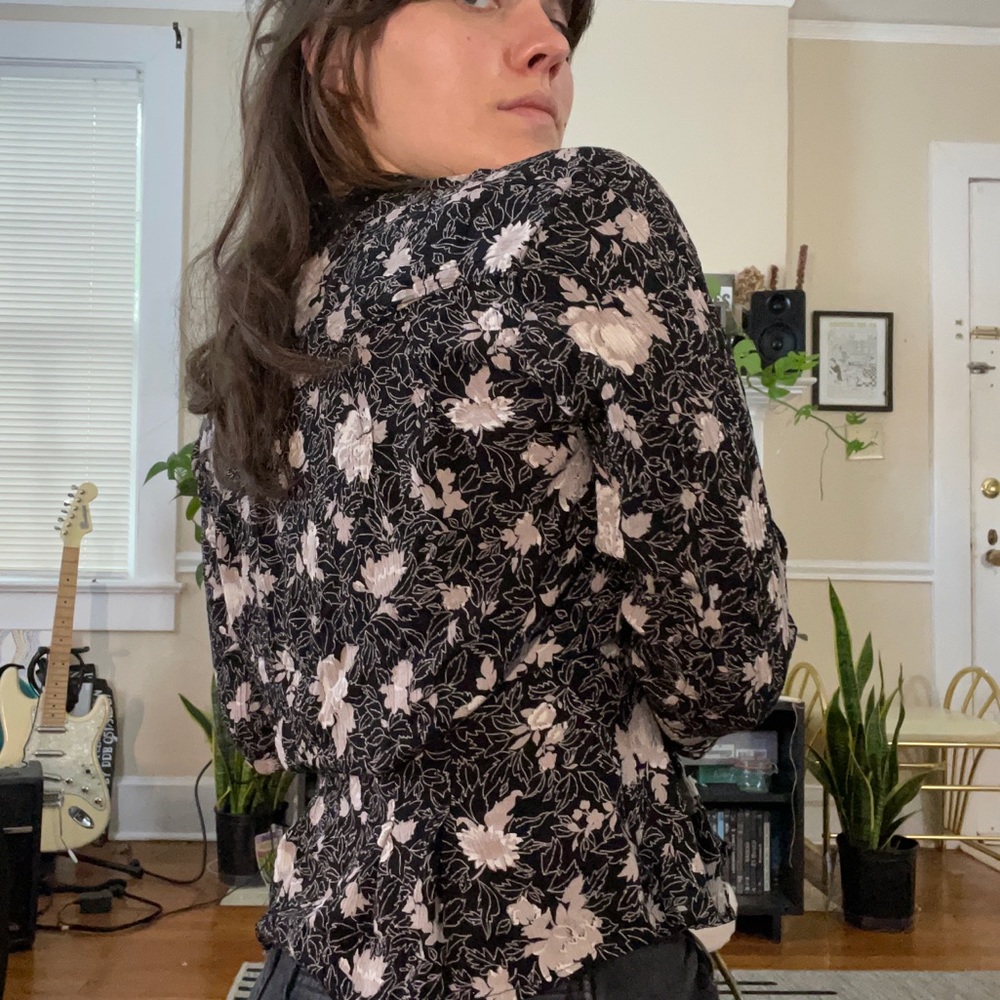 Very unique, vintage 80s, abstract, multi-pattern blouse.